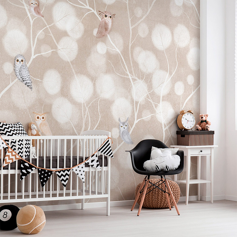 意大利风格儿童房背景墙壁纸卡通可爱的小猫头鹰卧室背景定制墙布
