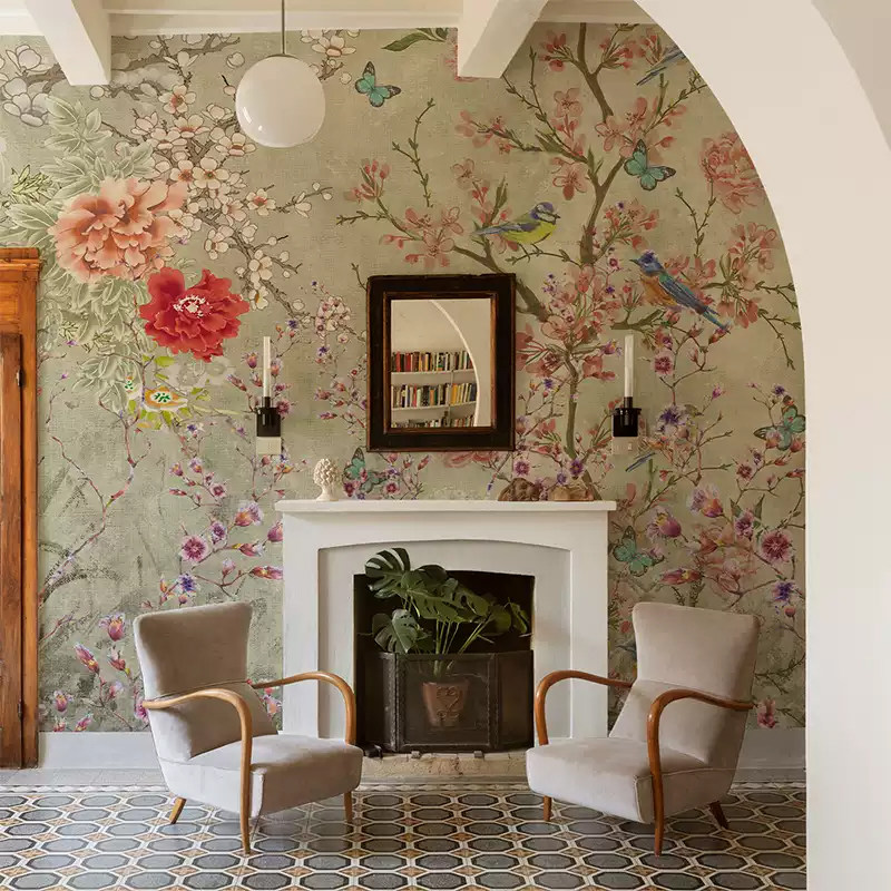 法式复古花鸟电视背景墙壁纸美式客餐厅卧室酒店轻奢墙布定制壁画