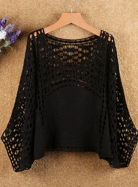慵懒风蝙蝠衫宽松短款镂空针织女罩衫外穿上衣外搭套头薄网衫秋季