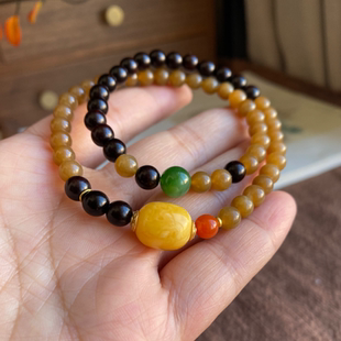 天然和田玉糖玉手串双圈6mm玉石新疆且末糖玉手链女蜜蜡枣珠手饰