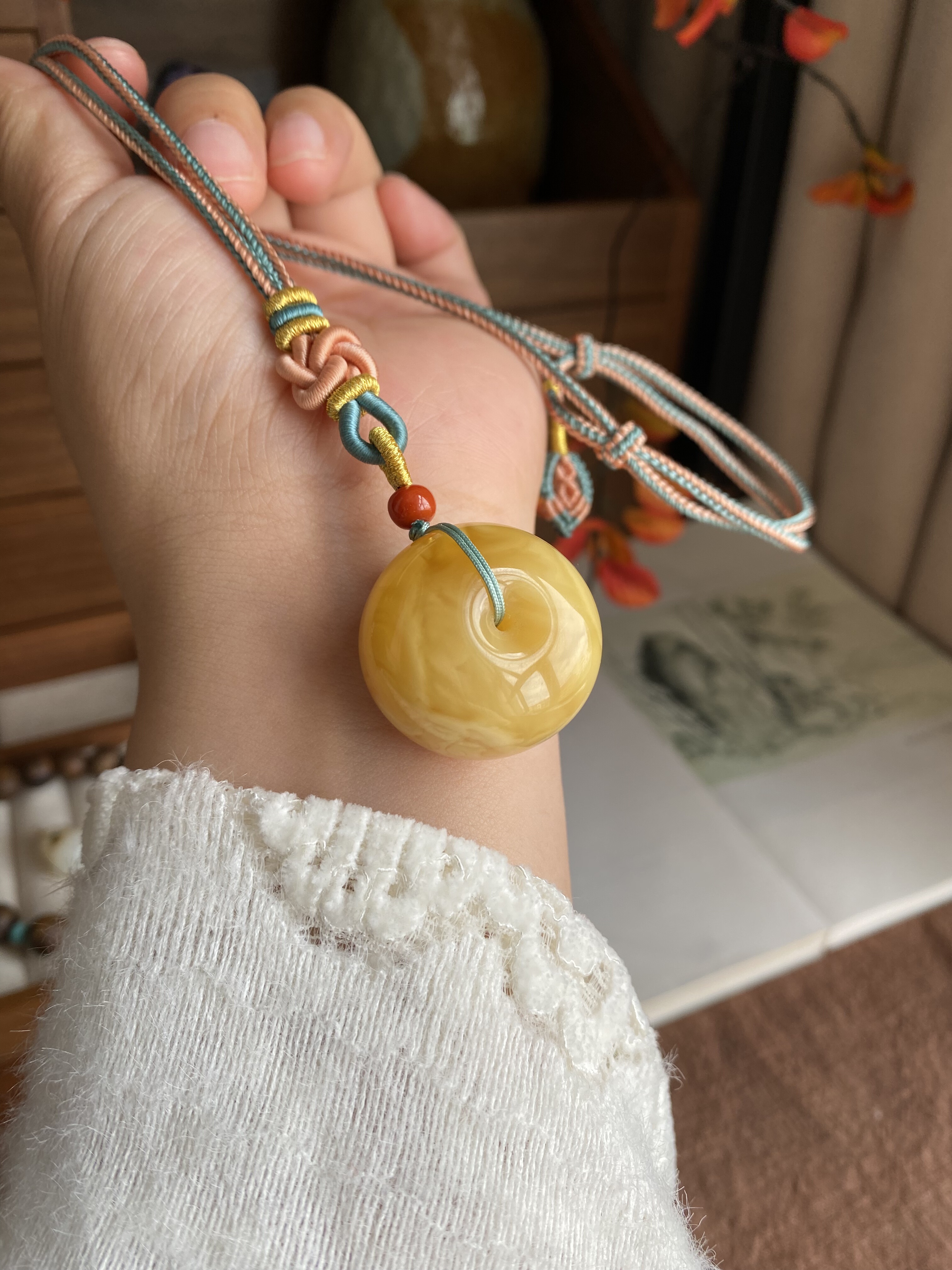 一物一图现货天然原矿俄料浓花蜡蜜蜡平安扣毛衣链