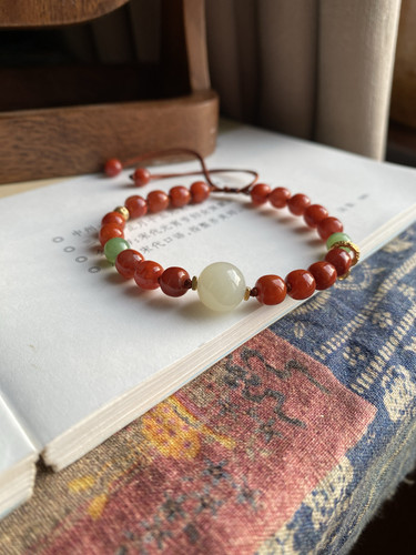 天然冰飘火焰纹瓦西南红手链手工编绳保真南红玛瑙手串和田玉配饰