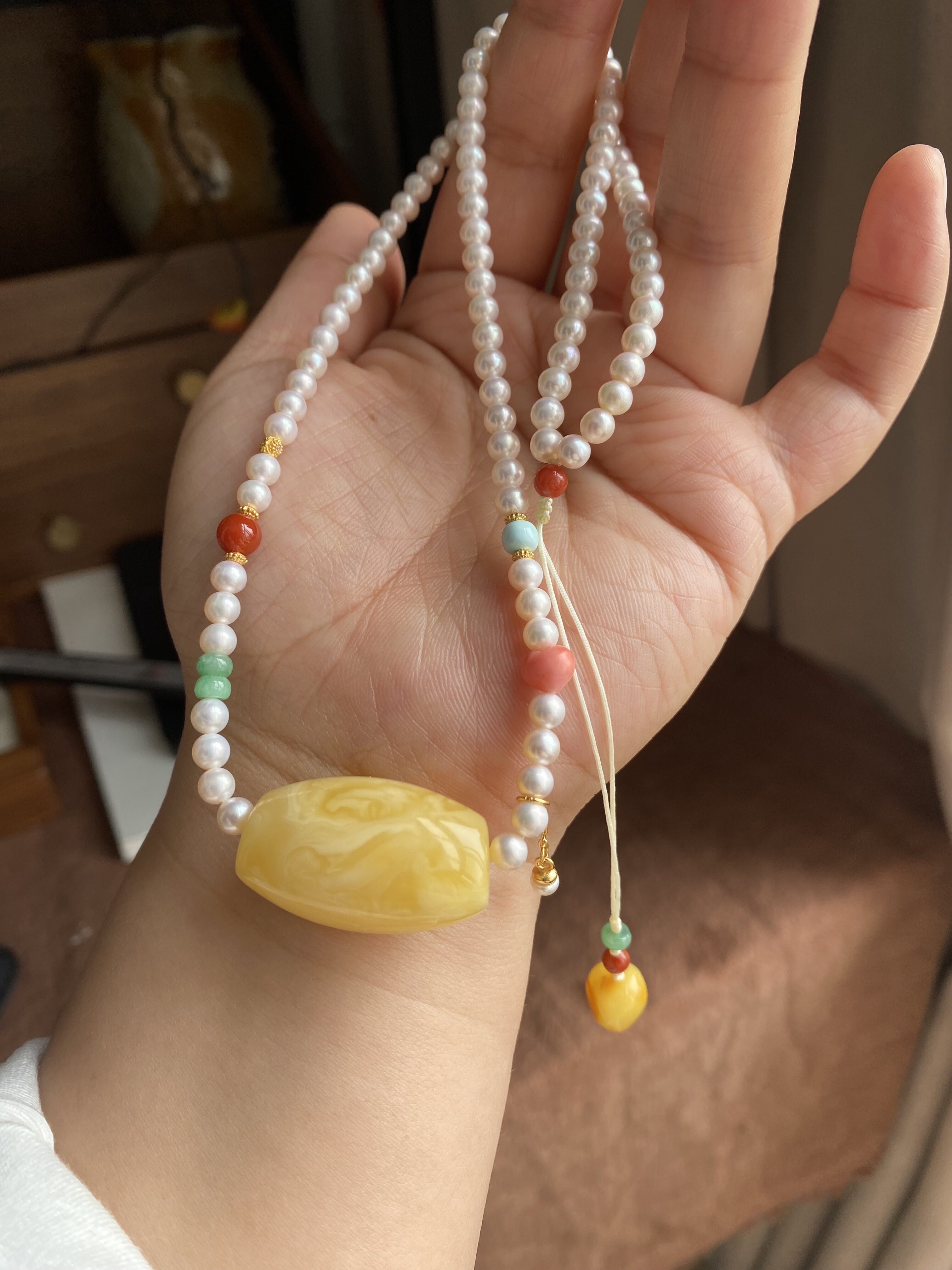 天然蜜蜡锁骨链马蹄珠天然淡水珍珠锁骨链项链新中式毛衣链