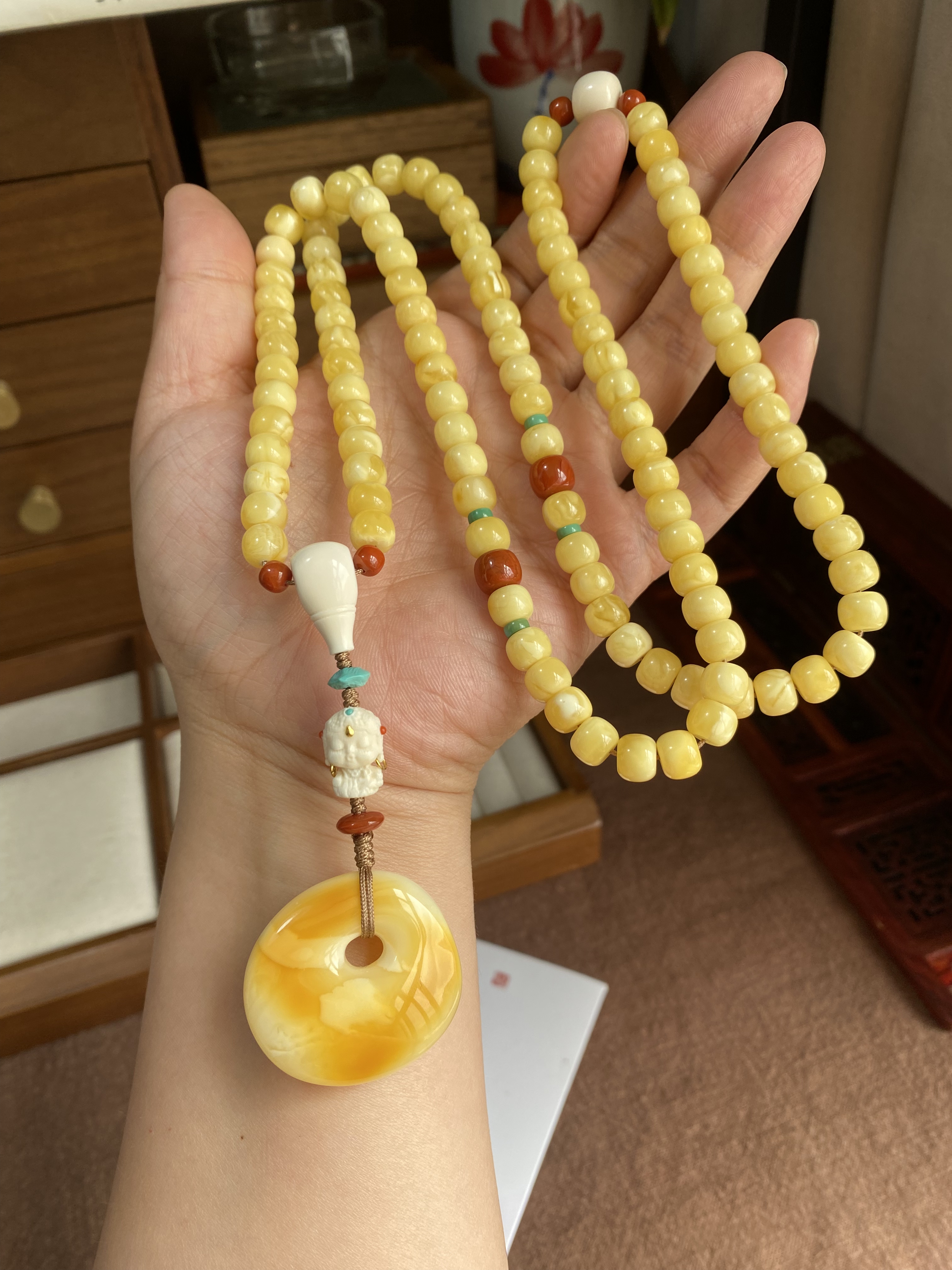 天然原矿蜜蜡老型珠项链蜜蜡毛衣链吊坠新中式国风