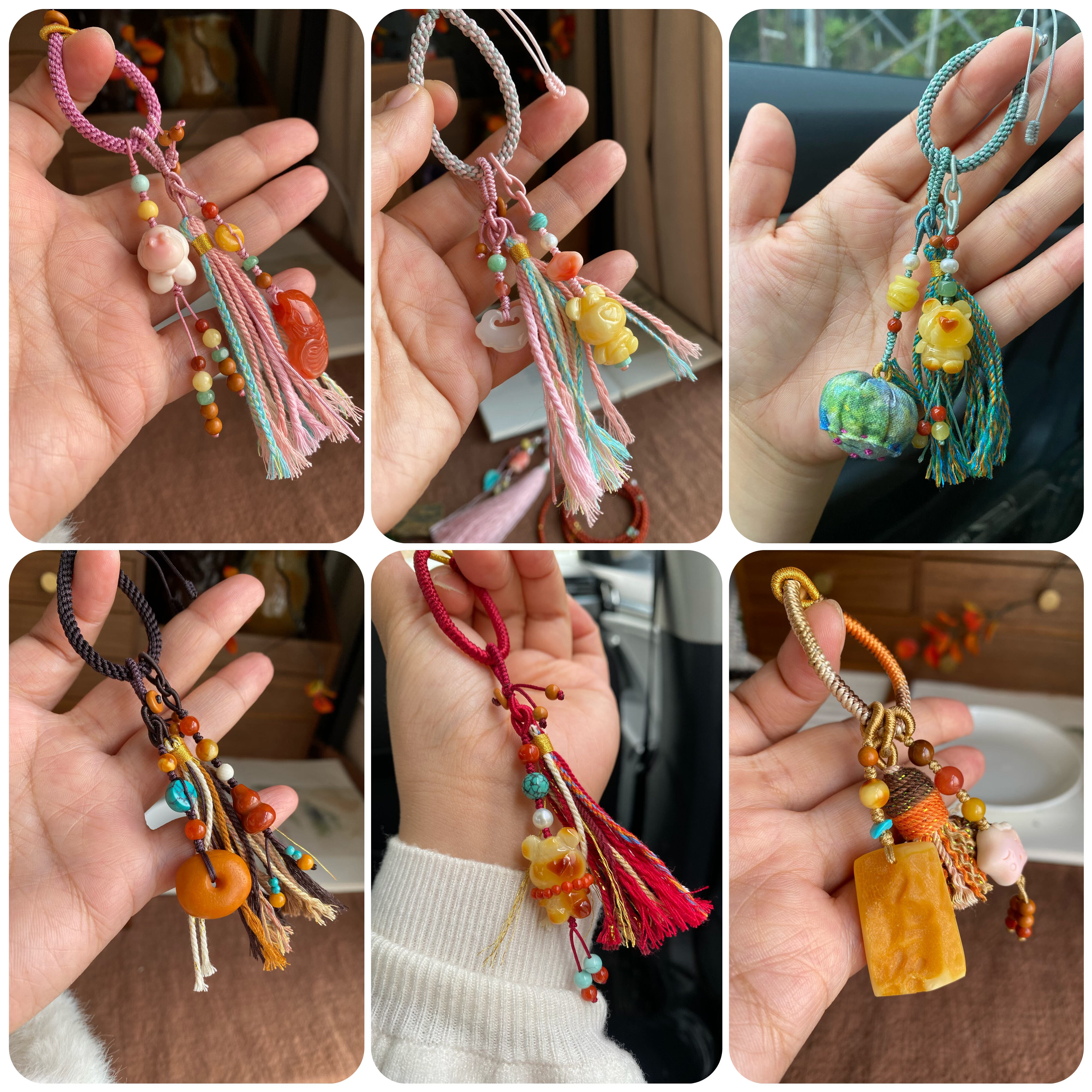 一物一图新中式珠宝手工编绳钥匙扣天然南红蜜蜡和田玉包包挂