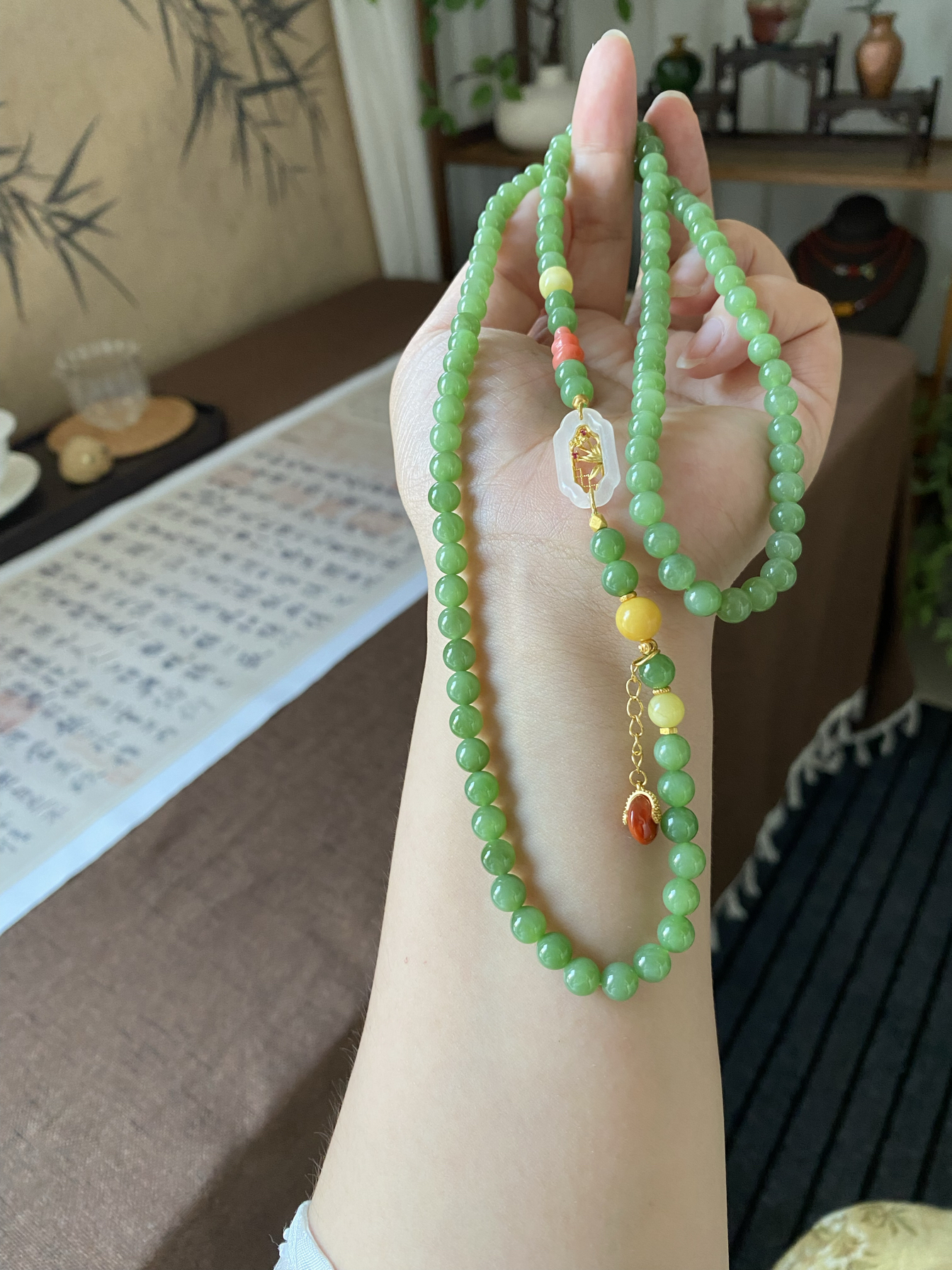 天然和田玉碧玉俄料老矿粉绿毛衣链新中式珠宝项链佛珠diy设计