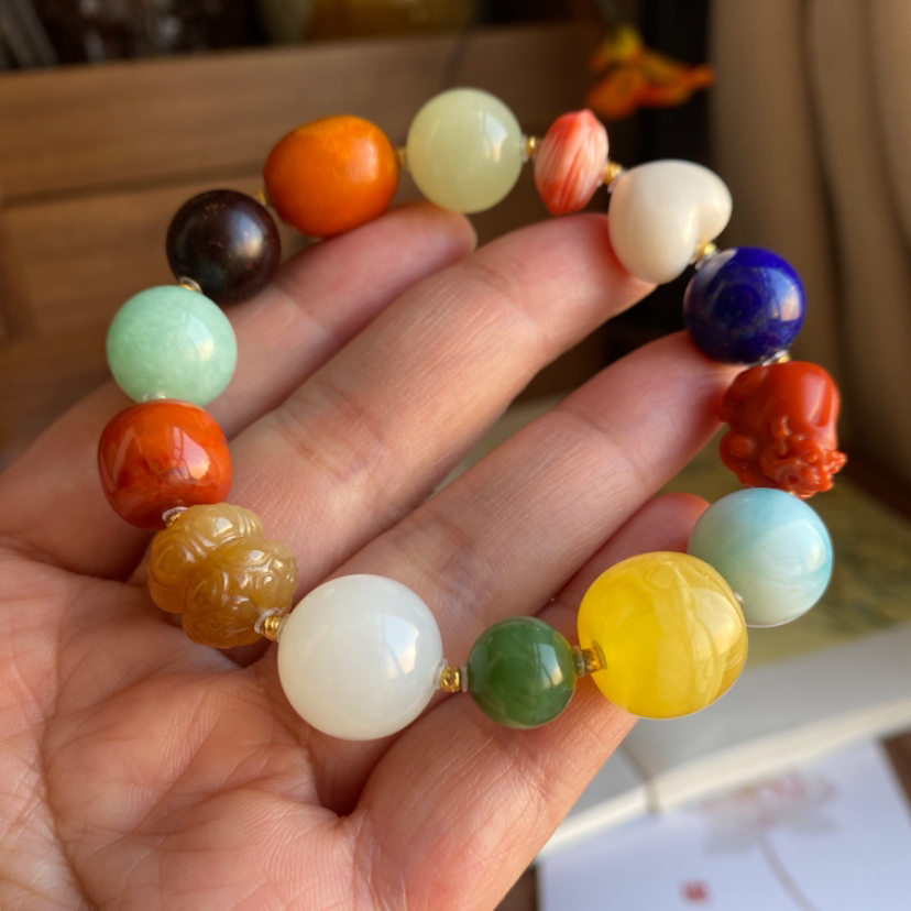 天然和田玉蜜蜡多宝手串大颗粒文玩女孩手链国风本命年礼物