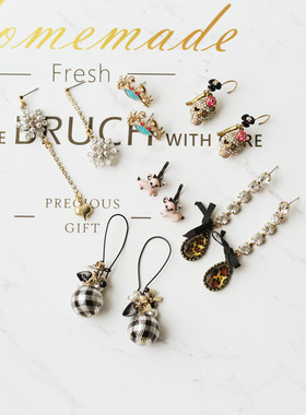 欧美BJ个性趣味黑色蝴蝶结粉色小猪大水钻印花不对称雪花长耳环