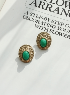 美式vintage复古绿色树脂金色黄铜纹理椭圆形质感耳夹