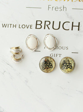 美式复古白色大理石质感椭圆黑色内嵌蝴蝶圆金银双色耳夹