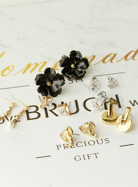 11欧美复古金色精雕象头黑色花朵银色镶钻小树中小耳钉