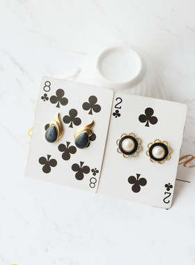 欧美vintage优雅深蓝色气质百搭显白简约滴釉铜异形水滴铜耳钉