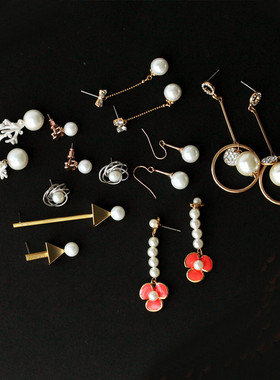 美式造型圈圈设计天然玻璃珍珠白色合金珊瑚简约木马长短耳环