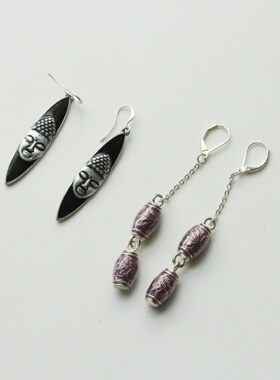 欧美外贸国风黑色雕花吊坠个性小众长耳环