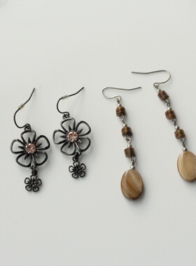 美式外贸个性优雅复古黑色花朵吊坠琥珀串珠长吊坠耳环