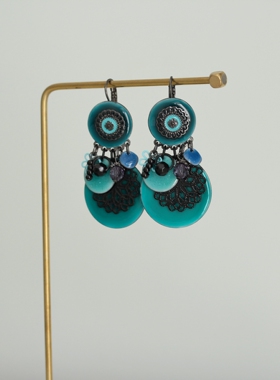 欧美外贸复古墨绿色多吊坠珐琅釉个性夸张装饰波西米亚风耳环