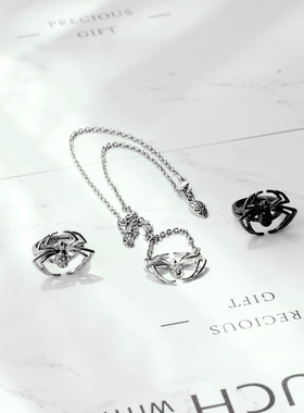 欧美品牌电影合作款黑色银色蜘蛛食指戒银色蜘蛛项链