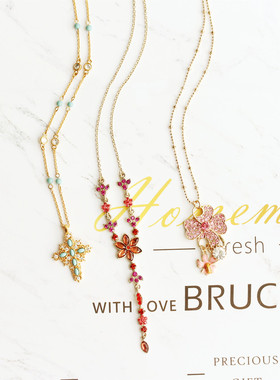 欧美ins风复古镀金花朵立体雕刻满钻Y字链粉钻花朵小项链