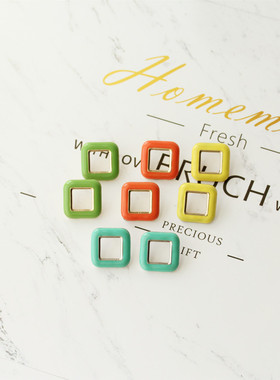 美式复古ins风糖果色单色薄荷色系方形镂空前卫线条滴釉耳环