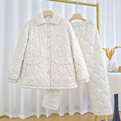 女士冬季三层夹棉加厚新款纯棉保暖珊瑚绒睡衣套装家居服省服外穿