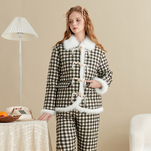 冬季女加厚保暖夹棉纯棉套装新中式睡衣冬天加绒可外穿家居服格子
