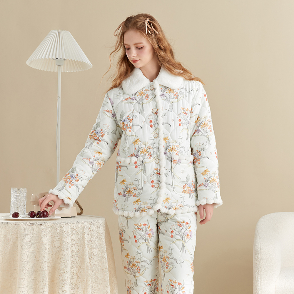 高级保暖三层夹棉睡衣女加厚新款纯棉加绒可外穿冬季感家居服套装