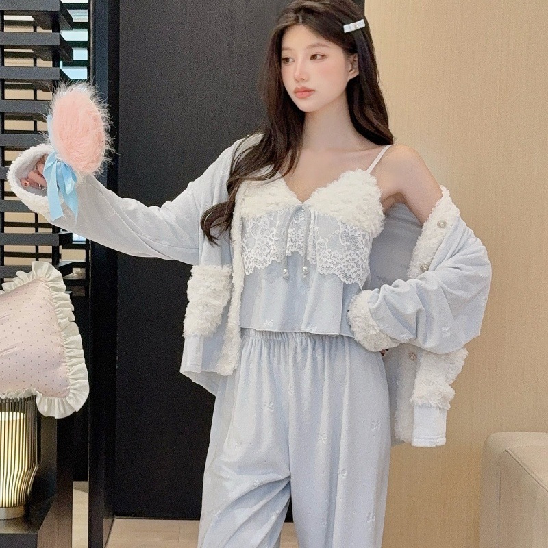 海岛绒性感睡衣女2025新款家居服三双面绒件套秋冬季保暖蝴蝶睡衣