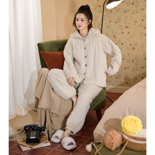 女士秋冬季款三层夹棉加绒休闲保暖加厚宽松黑色睡衣女家居服套装