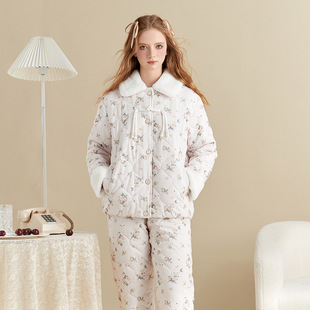 居家女加厚保暖夹棉冬季睡衣新款加绒可外穿高级纯棉服国风家居服