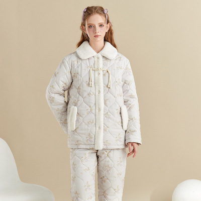 纯棉新中式冬季三层夹棉家居服新款外穿保暖加厚女士国潮睡衣套装