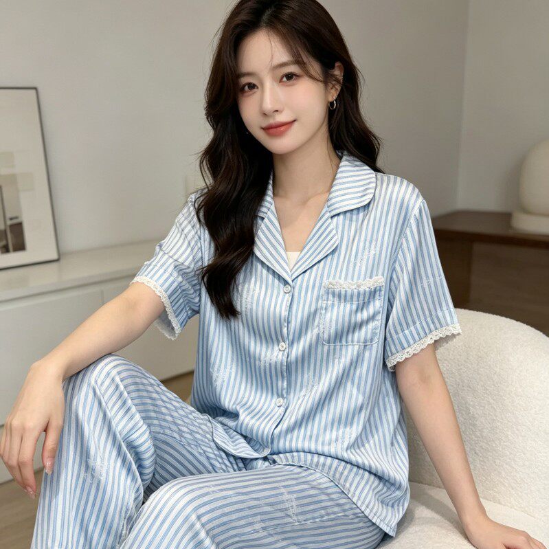 新款上衣长裤常规睡衣家居服短袖女士蓝色睡裙套装夏季家居服