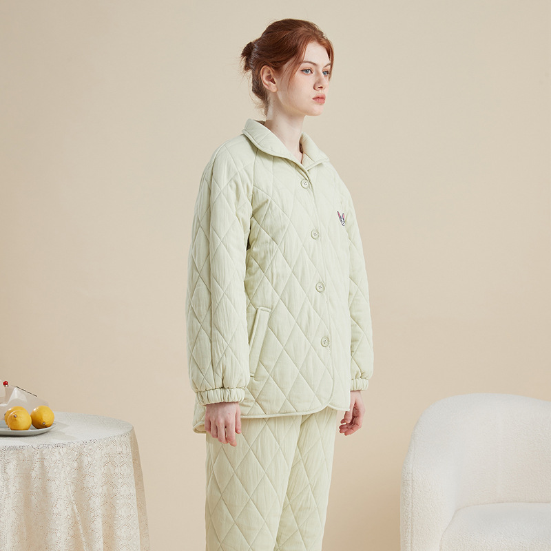 25新睡衣女加厚冬季加绒三层夹棉棉袄保暖家居服女开衫可外穿套装