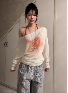 Trendkill 韩系通勤多巴胺印花透气防晒罩衫夏季微透百搭长袖T恤