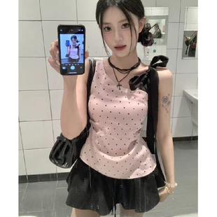 性感显瘦粉色波点斜肩吊带背心女 上衣夏 车迟恩Chien 纯欲风无袖