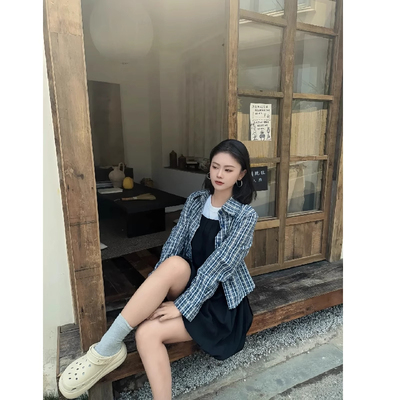 川川也家格子修身长袖衬衫女显瘦短款辣妹衬衣POLO衫街头上衣春季