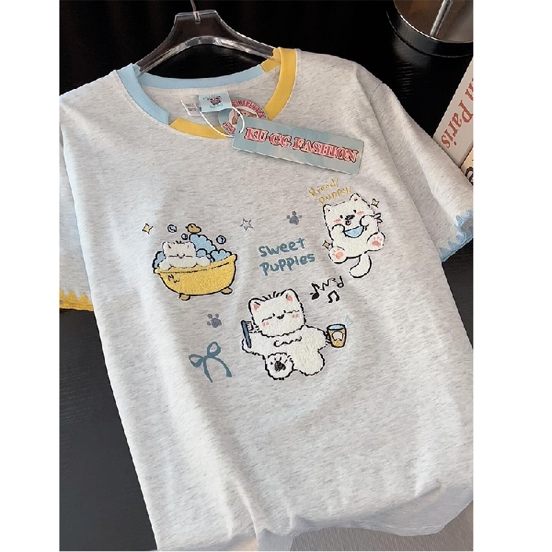 超好看的奶呼呼可爱刺绣小狗短袖T恤男女撞色拼接小众设计感上衣
