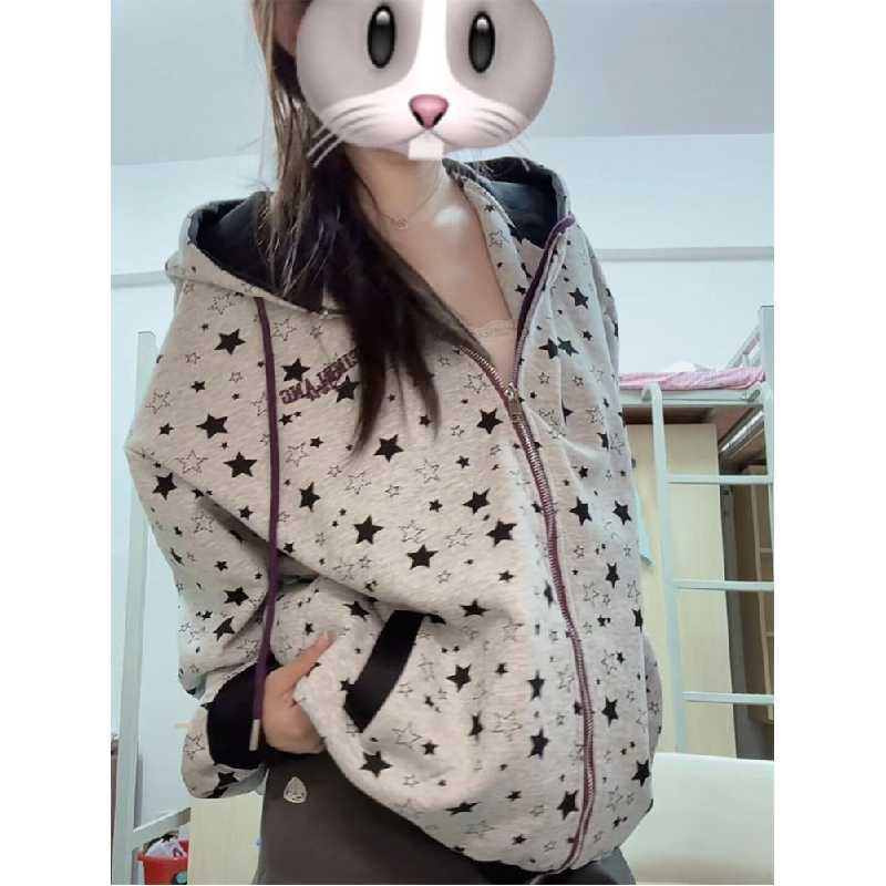满印星星连帽卫衣开衫女秋季薄款oversize小众设计感拉链外套美式