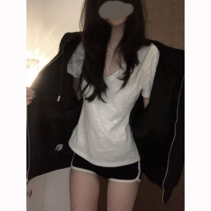 021ope纯欲小能手微透v领白T恤女短袖收腰上衣美式辣妹韩系氛围感