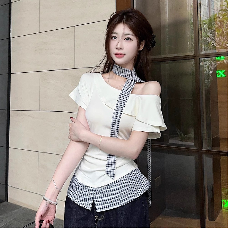 假两件格子飘带拼接斜肩杏色短袖t恤女夏收腰显瘦荷叶边露肩上衣