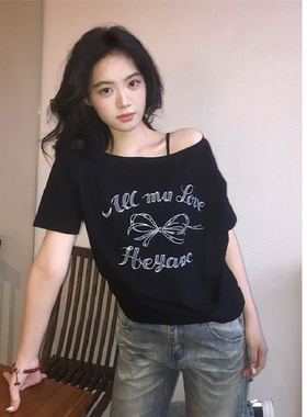 HEYABC 夏季美式复古黑色蝴蝶结印花斜肩短袖2025新款显瘦船领T恤