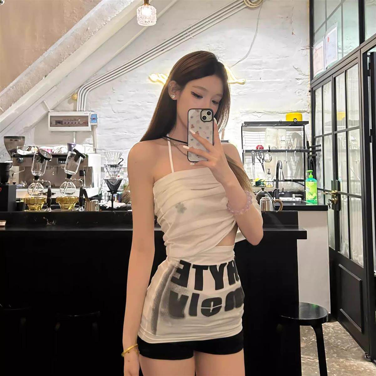 美式一字肩罩衫女夏季腰头切割拼接印花吊带上衣辣妹比基尼两件套