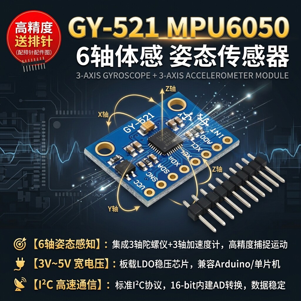 GY-521 MPU6050模块3轴模拟陀螺传感器+3轴加速度计模块
