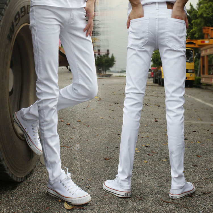 春季韩版百搭潮男纯白色棉弹小码牛仔裤修身显瘦小脚裤学生铅笔裤