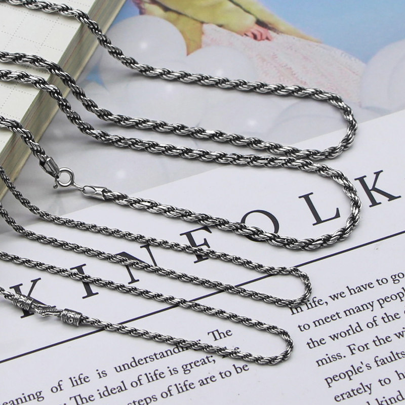 秋冬银势s925纯银复古泰银粗麻绳麻花链超酷个性男女士款项链元旦