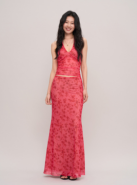 TANSSHOP 夏日印花网纱裙套装 深V领挂脖小背心+包臀微鱼尾长裙