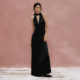 TANSSHOP性感深V领挂脖黑色醋酸缎面礼服裙 简约高级感气质长裙