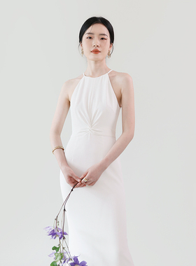 TANSSHOP礼服裙女腰部扭结白色挂脖连衣裙鱼尾长裙A