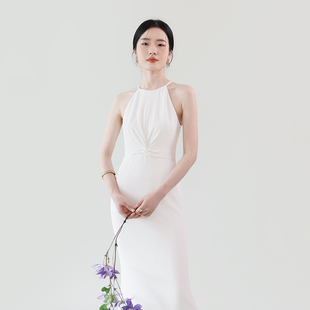 TANSSHOP礼服裙女腰部扭结白色挂脖连衣裙鱼尾长裙A