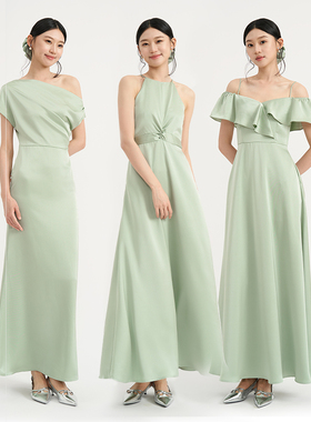 TANSSHOP冬青绿伴娘裙2025年新款多款式缎面长款连衣裙轻礼服裙女