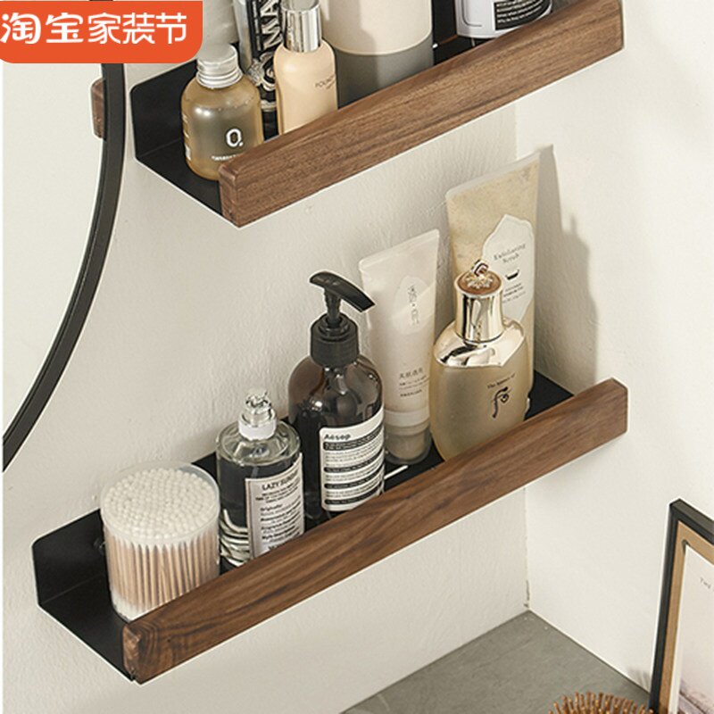 免打孔镜前置物架胡桃木卫生间浴室收纳架墙上壁挂一字板实木隔板